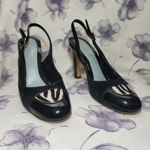 Lambertson Truex Suede /patent leather Cap Toe Slingback Heels Women US7.5 EU38 - Picture 1 of 13